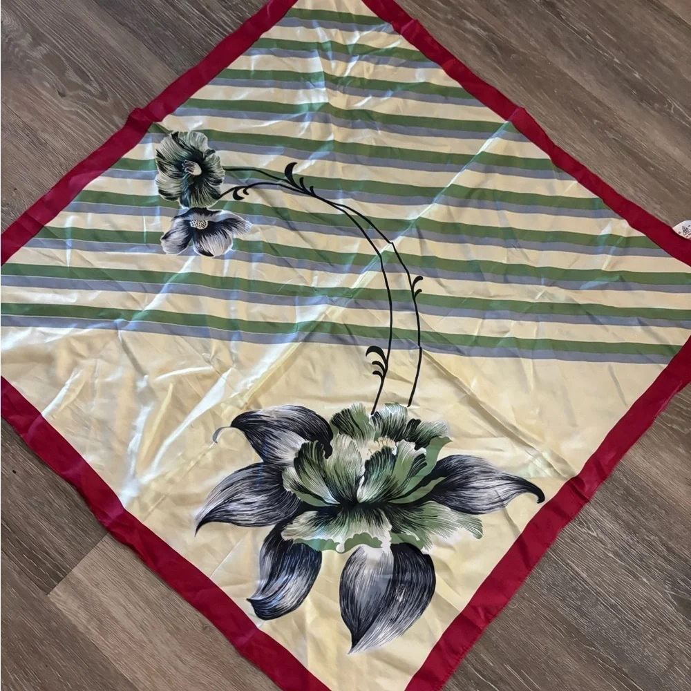 Vintage Floral Silky Square Scarf in Green, Cream & Red Trim